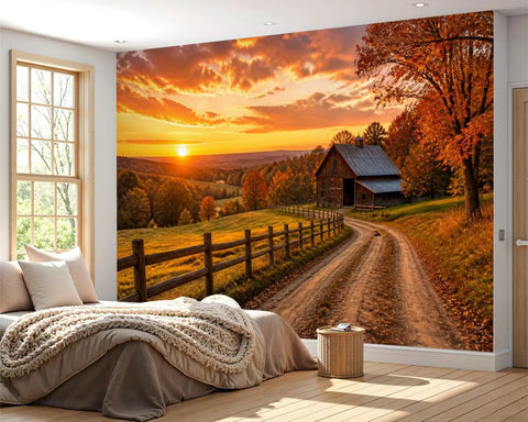 No Sweat Peel And Stick Wall Murals Featuring Rustic Barn Sunset Autumn Print Self Adhesive Vinyl Removable Stickers For Boys Girls Bedrooms Easy Room Refresh Makeover in a cozy bedroom setting.