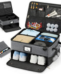 Golf Trunk Organizer For Cars And Golf Bags, Ultimate Dad Gift with ventilated compartments and PVC lining showcasing shoes and golf accessories