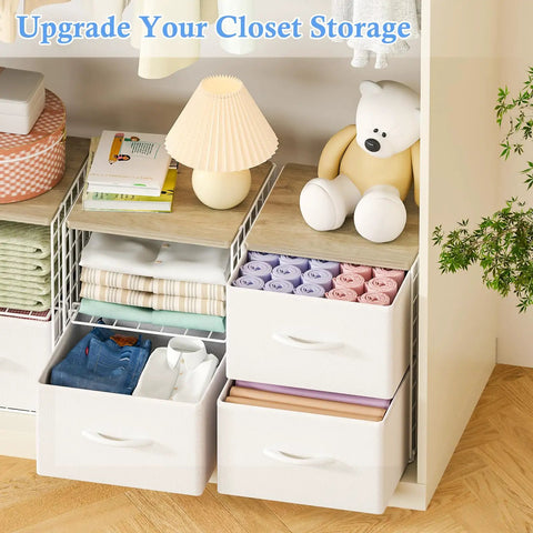 Two Pack Stackable Closet Storage Drawers With Wooden Top And Adjustable Dividers White Fabric Drawer Organizers Modular Storage Bins For Space Saving Bedroom Wardrobe And Apartment Organization
