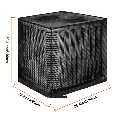 All Season Outdoor AC Unit Cover For Outdoor Condenser Protects Against Leaves Debris Cottonwood Fluff And Grass Clippings Durable PVC Coated Polyester Washable Weatherproof Fits 35.4 By 35.4 By 39.4 Inches covering a condenser unit