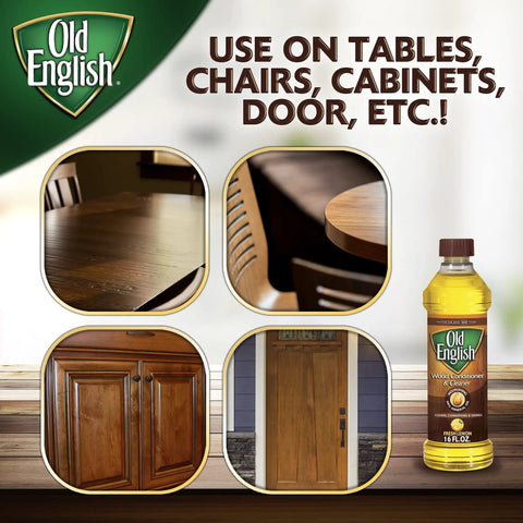 Old English Lemon Oil Furniture Polish for wood surfaces, shown with tables, chairs, cabinets, doors, and 16 oz bottle.