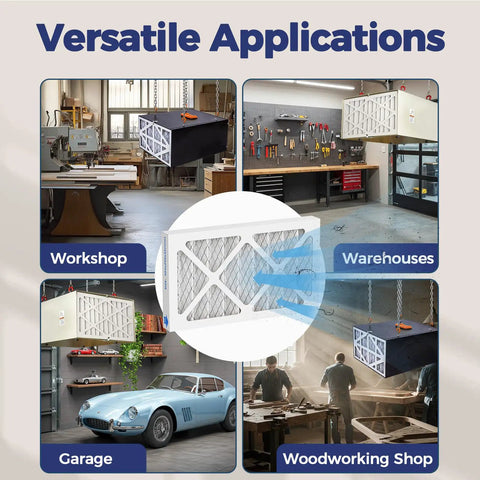 Illustration of Three Pack 5 Micron Outer Air Filter Replacements For Your Workshop And Garage System installed in various settings