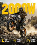Rider on 2000W Fat Tire Electric Bike With Removable 48V 25Ah Battery Full Suspension And Dual Hydraulic Brakes 32 MPH Max Speed 20 Inch Dirt Bike For Commuting And Off Road on rocky terrain.