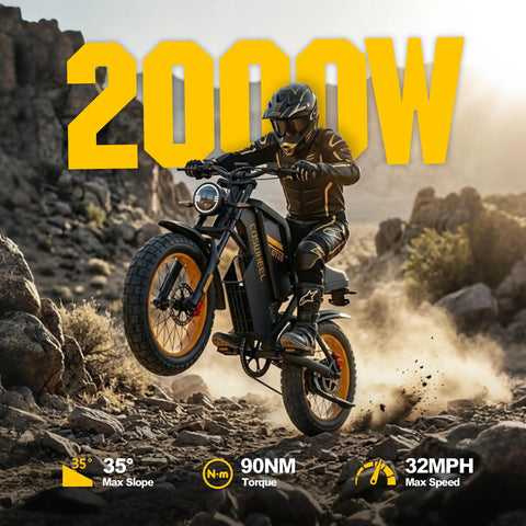 Rider on 2000W Fat Tire Electric Bike With Removable 48V 25Ah Battery Full Suspension And Dual Hydraulic Brakes 32 MPH Max Speed 20 Inch Dirt Bike For Commuting And Off Road on rocky terrain.