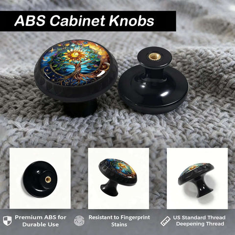 4 Pack Stained Glass Tree Of Life Cabinet Knobs For Kitchen And Home Decor With Totally Eye Catching Sun Moon Theme, detailed view