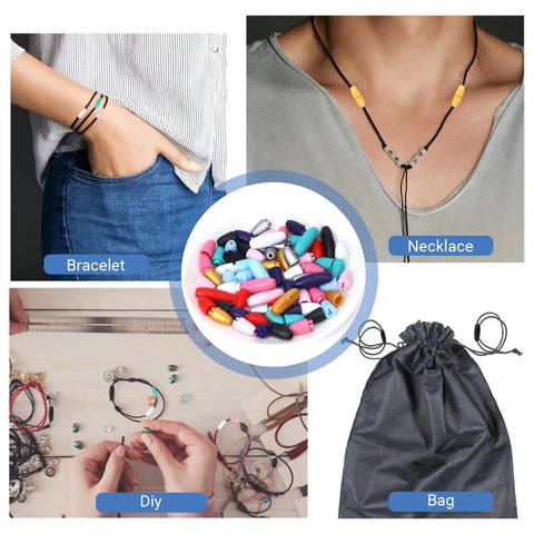 Image showing uses of 100 Sets Breakaway Clasps For Necklaces Safety Plastic Bead Connectors For Jewelry Making Multicolor Craft Supplies Ideal For DIY Necklaces And Beaded Jewelry Closures in crafting, bracelet and necklace making, with storage bag.