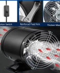 8 Inch Inline Duct Fan With Switch, Low Noise High Airflow Exhaust Vent For Basement Garage Attic And Kitchen, Heavy Duty Metal Build With Bracket And Mesh, shown in close-up with button switch, reinforced arm, and thick mesh.