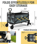 Folding Utility Cart With Triangular Wheels 2 In 1 Collapsible Stair Climbing Wagon showing dimensions and folded storage
