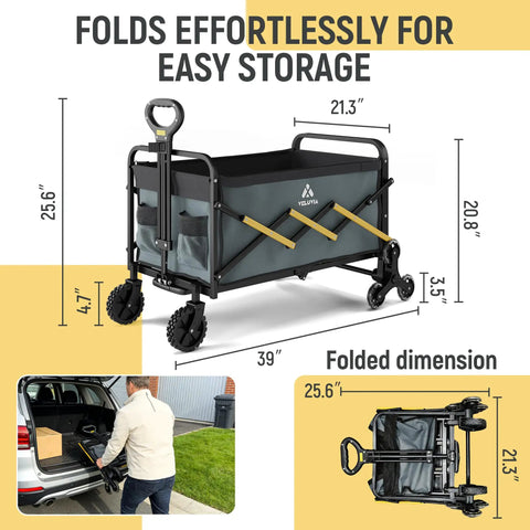 Folding Utility Cart With Triangular Wheels 2 In 1 Collapsible Stair Climbing Wagon showing dimensions and folded storage