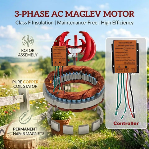 Vertical Wind Turbine Kit 100W 300W 500W With MPPT Controller 12V 24V 48V Option parts assembly and details