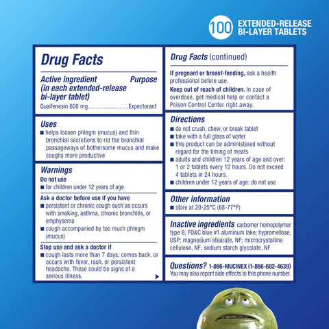 Heavy Lift 12 Hour Guaifenesin Extended Release Expectorant Smooth Chest Congestion Relief 100 tablet drug facts label.