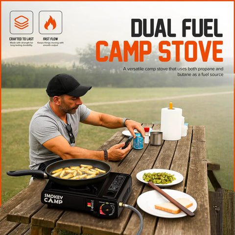 Man using Dual Fuel Portable Camping Stove 3000W with butane and propane on picnic table for outdoor cooking.