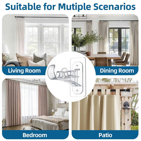 No Drill Adhesive Double Curtain Rod Brackets Set Of 4 Renter Friendly Heavy Duty Curtain Holders in living and dining scenarios