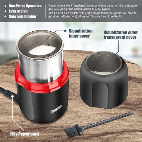 Electric Herb Grinder With Large Capacity And Beast Mode Fast Grinding, 304 stainless steel, black body, and power cord.