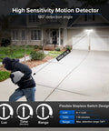 Motion Sensor Outdoor LED Flood Light 25W 320 Degree Wide Angle 3000LM 5000K Cool White Dusk Till Dawn Security Light 4 Modes Wired Not Solar For Garage Yard And Patio illuminating a driveway.