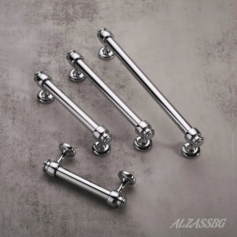 10 Pack Polished Chrome Cabinet Pulls 5 Inch Hole Centers 128mm Straight Bar Cabinet Handles, shown in a set of four on gray surface.