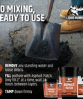 Shovel applying ready to use asphalt patch for pothole repair on driveways, parking lots, pathways, and roads. 11lb pail visible.