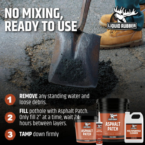 Shovel applying ready to use asphalt patch for pothole repair on driveways, parking lots, pathways, and roads. 11lb pail visible.