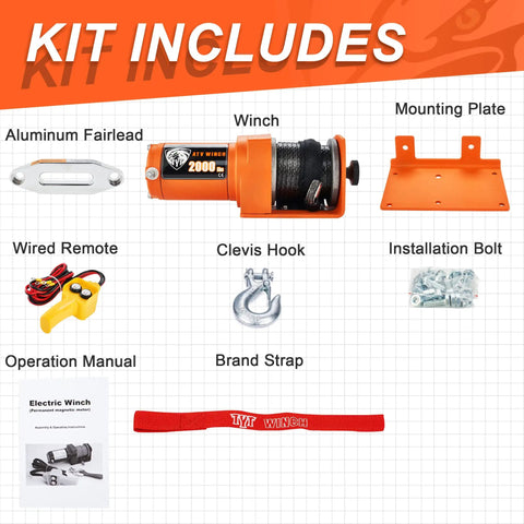 Heavy Duty 2000 Lb ATV UTV Winch With Synthetic Rope Kit, 12V Waterproof Tow Winch For Off Road, Boat, And Towing, Includes Mounting Plate And Wired Remote