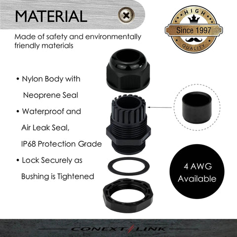 5 Pack Waterproof IP68 Nylon Firewall Bushing Grommet Cable Gland Joint components with locknut and neoprene seal