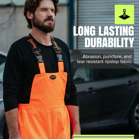 Hi Viz Ripstop Waterproof Bib Pants For Men With Reflective Safety Strips, durable orange overalls, outdoor workwear