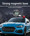 Solar Strobe Warning Light With Magnetic Base Waterproof LED Beacon on blue car roof, highlighting strong magnetic base.