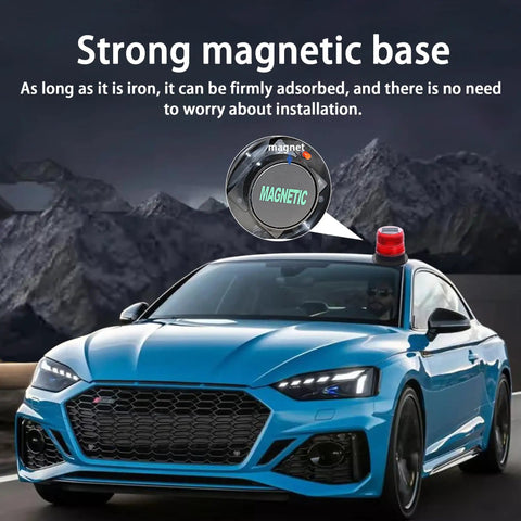 Solar Strobe Warning Light With Magnetic Base Waterproof LED Beacon on blue car roof, highlighting strong magnetic base.