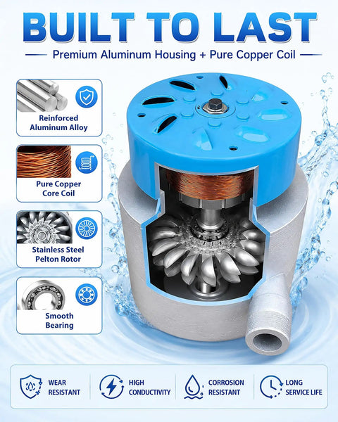 3kW Micro Hydroelectric Generator with aluminum housing and copper coil, showing inner Pelton rotor and bearings
