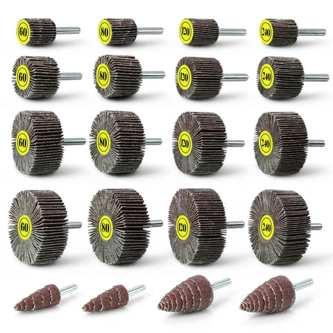 20 Pcs Flap Wheel Set For Drill And Die Grinder With Six Sizes And 60 80 120 240 Grit One Quarter Inch Shank Abrasive Flap Wheels For Rust Removal Deburring Edge Blending And Surface Polishing showing various sizes and grits.