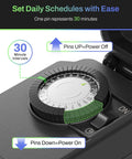Close-up of 24 Hour Heavy Duty Mechanical Outdoor Timer Outlet with 30 Minute Intervals showing pin settings for power control.