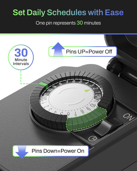 Close-up of 24 Hour Heavy Duty Mechanical Outdoor Timer Outlet with 30 Minute Intervals showing pin settings for power control.