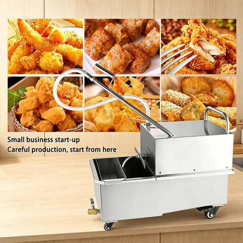 Heavy Duty Commercial Deep Fryer Oil Filter Machine 65L Capacity With Smooth Mobile Cart And Fast 30 Liters Per Minute Filtration Speed displayed on a wooden kitchen counter.