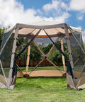 Pop Up Screen House Tent For Camping 11.5 By 9.8 Ft Instant Gazebo With Netting Grab And Go Backyard Shelter in khaki, front view.