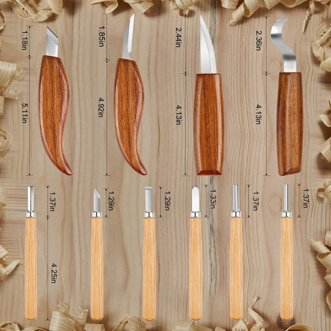 All In One 26 In 1 Wood Carving Kit With Detail Carving Knife Whittling Knife Wood Chisels Gloves Sharpener For Spoon Bowl And Kuksa Cup Projects Great Starter Set For DIY Woodworking Enthusiasts knives and chisels on display with wood shavings