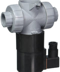 True Union Solenoid Valve With Three Quarter Inch Cpvc Heavy Wall Plastic Constructed Body And Epdm Seals For Rock Solid Continuous Duty Operation Plus No Sweat Socket And Threaded Hookup, side view