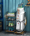 Golf Bag Storage Cart With Wheels Organizer For A Single Golf Bag And Gear Ideal For Home Garage Club Shed Or Basement Sturdy Wood And Metal Construction Includes Shelves Ball Rack And Retractable Strap