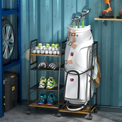 Golf Bag Storage Cart With Wheels Organizer For A Single Golf Bag And Gear Ideal For Home Garage Club Shed Or Basement Sturdy Wood And Metal Construction Includes Shelves Ball Rack And Retractable Strap