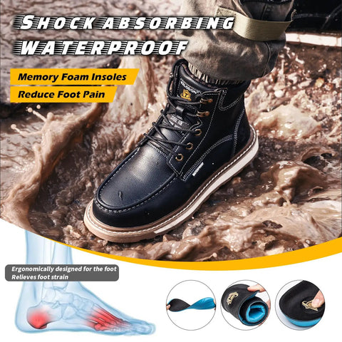 Waterproof Steel Toe Boots For Men 6 Inch Leather Moc Toe Work Shoes With Non Slip Grip Durable Construction Safety Footwear Black Size 11