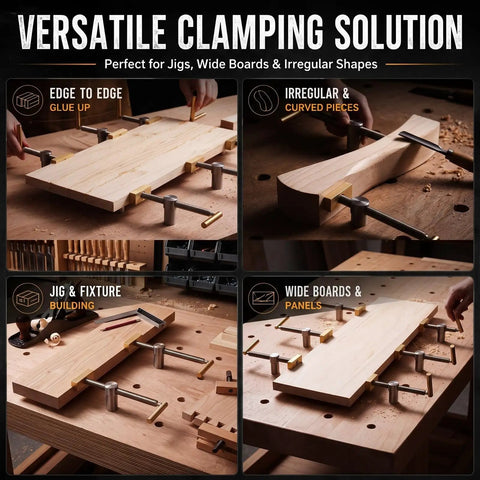 Two Pack Adjustable Bench Dog Clamps For Three Quarter Inch Dog Holes Heavy Duty Workbench Stops With Brass Handles Non Marring Brass Pads Ideal For Woodworking Jig Making Surface And Bar Clamping, shown clamping boards and jigs