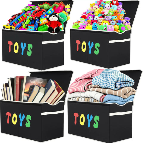 Extra Large Collapsible Toy Box Chest With Lids For Kids Storage holding toys, books, and blankets in black