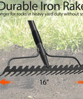 Heavy Duty Metal Garden Rake With 17 Prongs And Long Handle For Loosening Soil Leveling Lawns Cleaning Leaves Thatch Removal Yard Work Ready Rake For Gardens Beds Lawns And Farms, shown with durable iron head and long handle, ideal for heavy yard tasks.