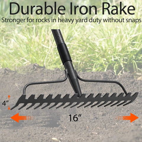 Heavy Duty Metal Garden Rake With 17 Prongs And Long Handle For Loosening Soil Leveling Lawns Cleaning Leaves Thatch Removal Yard Work Ready Rake For Gardens Beds Lawns And Farms, shown with durable iron head and long handle, ideal for heavy yard tasks.