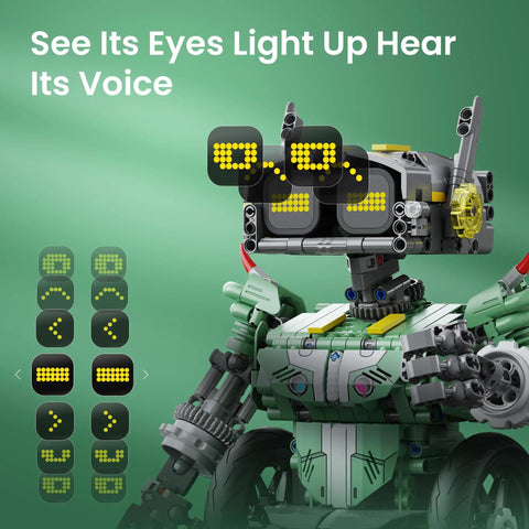 Totally Fun 727-Piece 5in1 Robot Car Kit With Remote Control For Kids Aged 8 To 14 - Robot with light-up eyes on green background