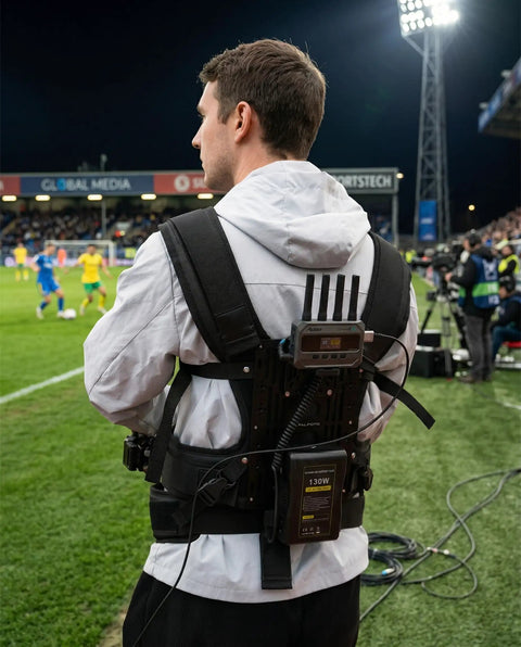 Man wearing Thanos X Gimbal Support Vest System Steadicam Rig for DJI RS4 Pro RS3 RS2 With V Mount Battery and Transmitter at sports event