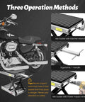 Motorcycle jack stand with lifting platform and thick rubber pad, steel frame, carrying handle, anti-slip bottom