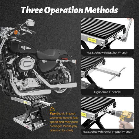 Motorcycle jack stand with lifting platform and thick rubber pad, steel frame, carrying handle, anti-slip bottom
