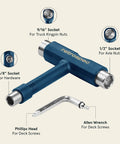 Upkeep Skateboard Multi Tool With Allen Wrench And Phillips Head Driver Compact Maintenance Kit showing various sockets and tools