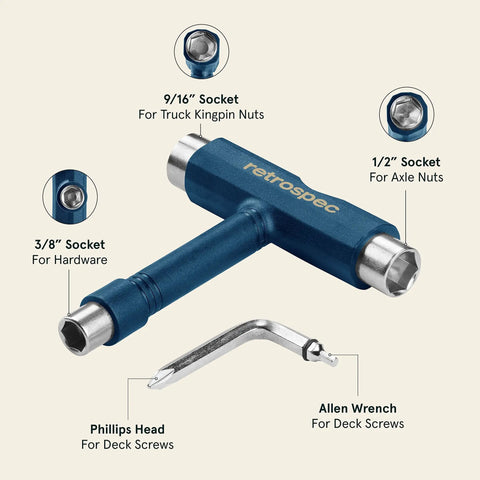 Upkeep Skateboard Multi Tool With Allen Wrench And Phillips Head Driver Compact Maintenance Kit showing various sockets and tools