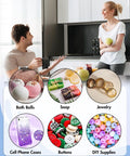 Collage of products including bath balls, soap, jewelry, cell phone cases, buttons, DIY supplies with two people talking in the background.