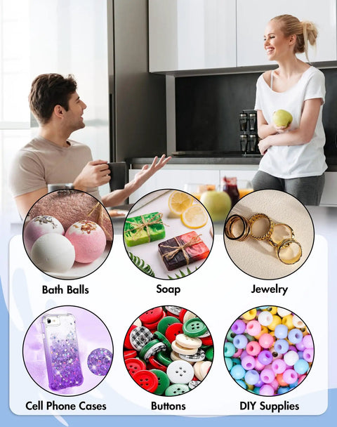 Collage of products including bath balls, soap, jewelry, cell phone cases, buttons, DIY supplies with two people talking in the background.